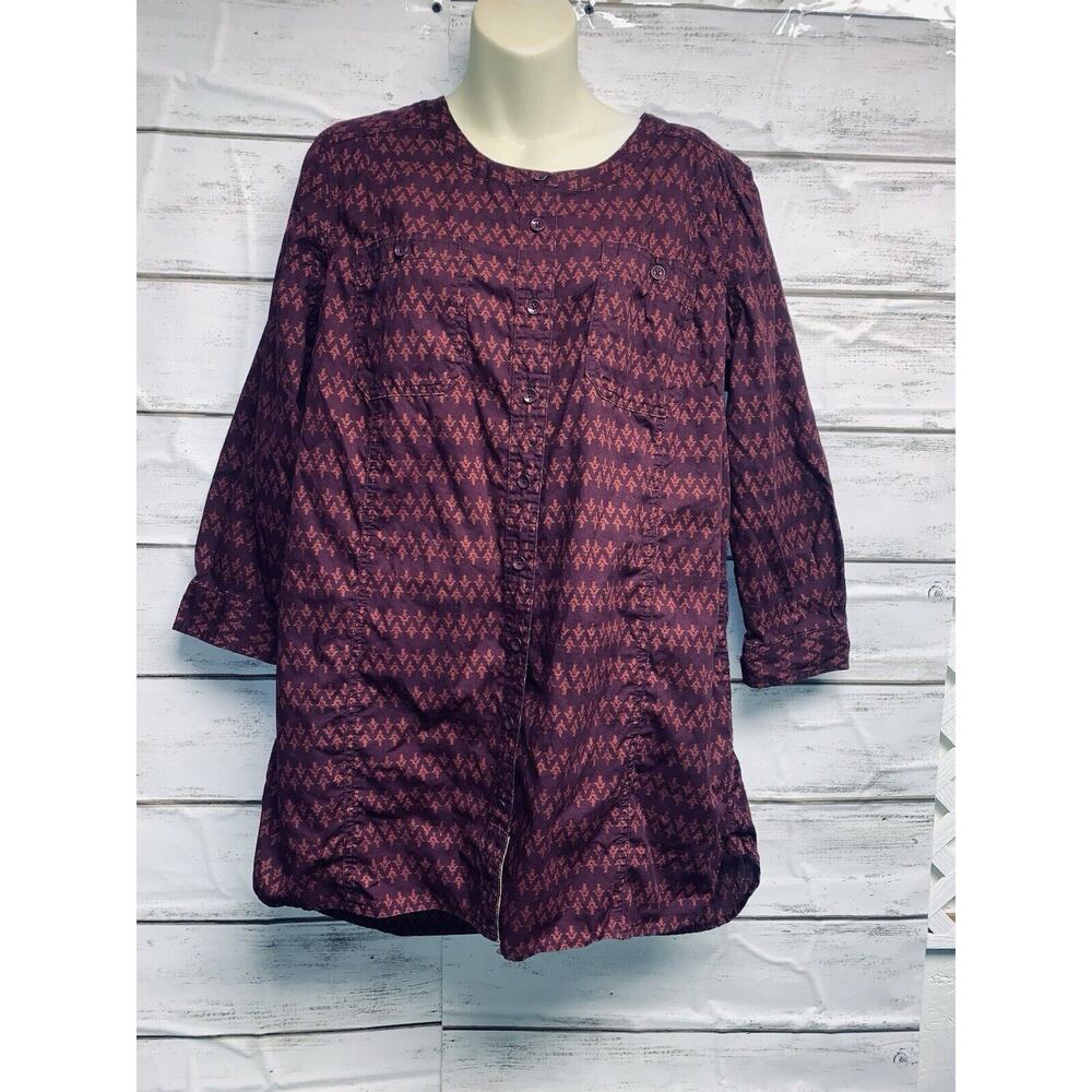 Duluth Trading Co Womens L Blouse 4 Pockets 3/4 Slv Maroon Rust Full Button EUC